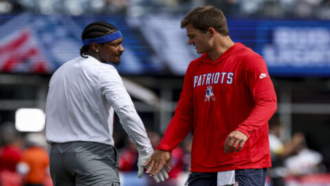 New England Patriots wide receiver Stefon Diggs and quarterback Drake Maye