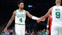 Boston Celtics guards Anfernee Simons and Derrick White