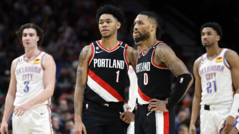 Boston Celtics guard Anfernee Simons and Portland Trail Blazers guard Damian Lillard