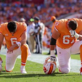 Tampa Bay Buccaneers quarterback Baker Mayfield and offensive tackle Luke Goedeke