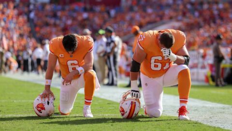 Tampa Bay Buccaneers quarterback Baker Mayfield and offensive tackle Luke Goedeke
