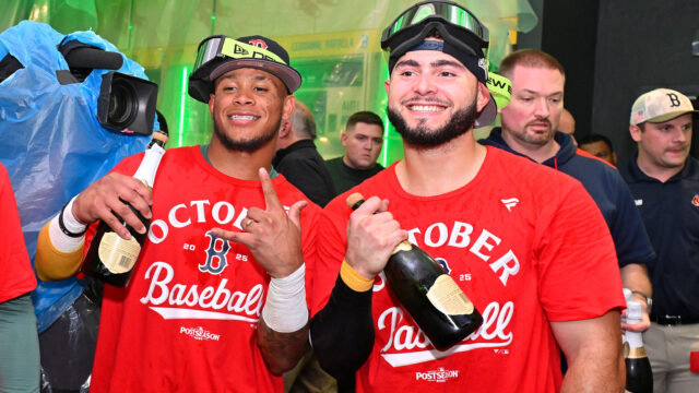 Boston Red Sox center fielder Ceddanne Rafaela and right fielder Wilyer Abreu