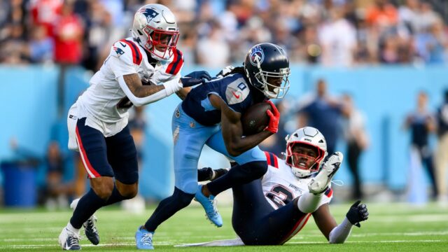 Tennessee Titans wide receiver Calvin Ridley and New England Patriots defensive backs Christian Gonzalez and Jaylinn Hawkins