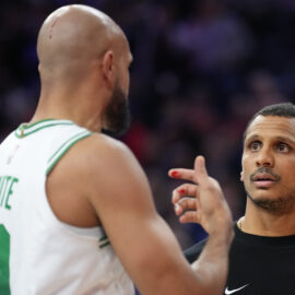 Boston Celtics guard Derrick White and head coach Joe Mazzulla