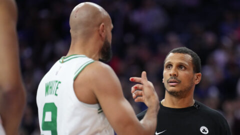 Boston Celtics guard Derrick White and head coach Joe Mazzulla