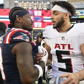 New England Patriots wide receiver Stefon Diggs and Atlanta Falcons wide receiver Drake London
