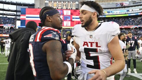 New England Patriots wide receiver Stefon Diggs and Atlanta Falcons wide receiver Drake London