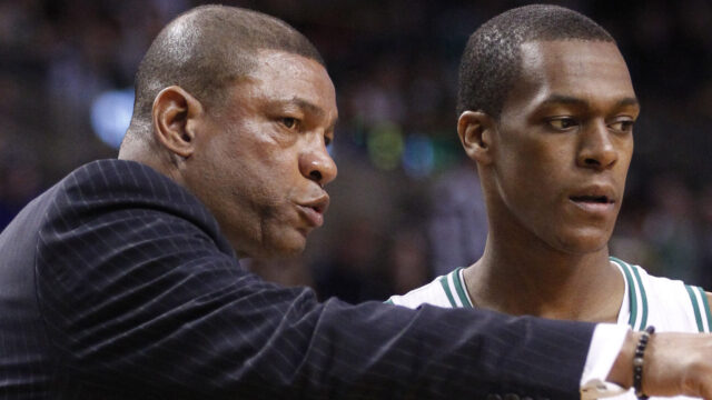 Milwaukee Bucks head coach Doc Rivers and coaching associate Rajon Rondo