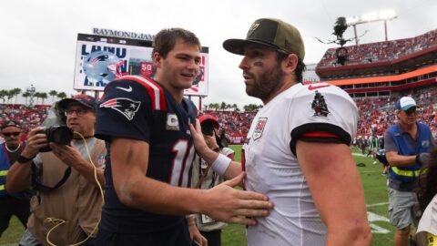 New England Patriots quarterback Drake Maye and Tampa Bay Buccaneers quarterback Baker Mayfield