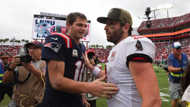New England Patriots quarterback Drake Maye and Tampa Bay Buccaneers quarterback Baker Mayfield
