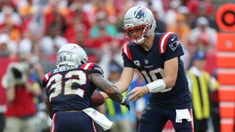 New England Patriots quarterback Drake Maye and running back TreVeyon Henderson