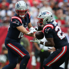 New England Patriots quarterback Drake Maye and running back Terrell Jennings