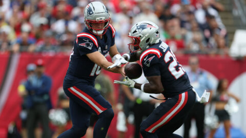 New England Patriots quarterback Drake Maye and running back Terrell Jennings