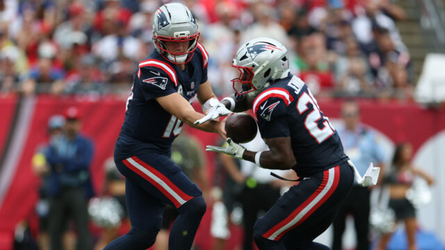 New England Patriots quarterback Drake Maye and running back Terrell Jennings