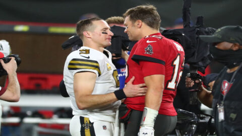 Former Tampa Bay Buccaneers quarterback Tom Brady and former New Orleans Saints quarterback Drew Brees