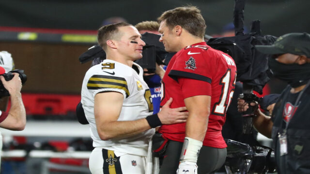 Former Tampa Bay Buccaneers quarterback Tom Brady and former New Orleans Saints quarterback Drew Brees