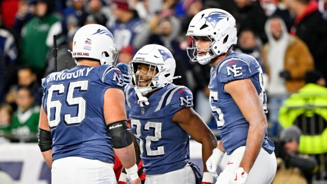 New England Patriots center Garrett Bradbury, running back TreVeyon Henderson and tight end Hunter Henry
