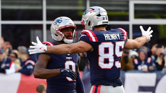 New England Patriots wide receiver Kayshon Boutte and tight end Hunter Henry