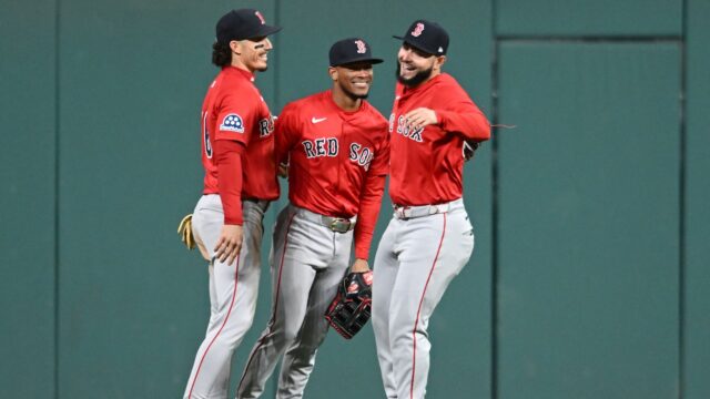 Boston Red Sox outfielders Ceddanne Rafaela, Wilyer Abreu and Jarren Duran