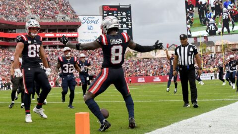 Patriots wide receiver Stefon Diggs celebrates.