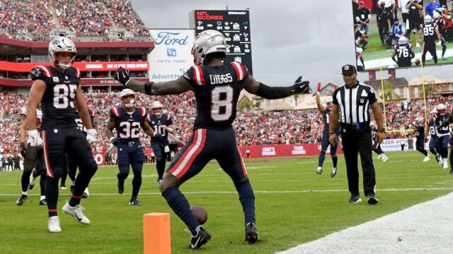 Patriots wide receiver Stefon Diggs celebrates.