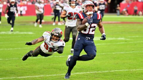 New England Patriots running back TreVeyon Henderson