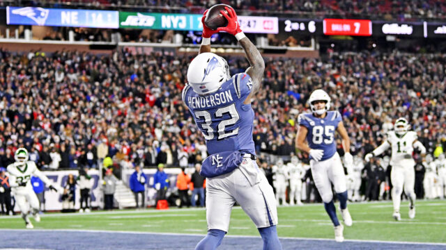New England Patriots running back TreVeyon Henderson