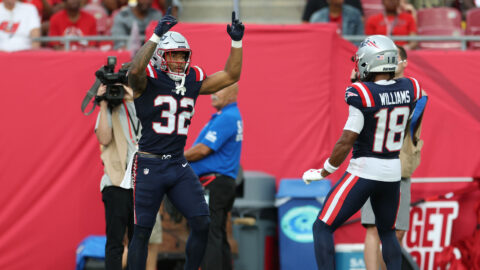 New England Patriots running back TreVeyon Henderson and wide receiver Kyle Williams