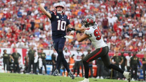 New England Patriots quarterback Drake Maye and Tampa Bay Buccaneers linebacker Anthony Nelson