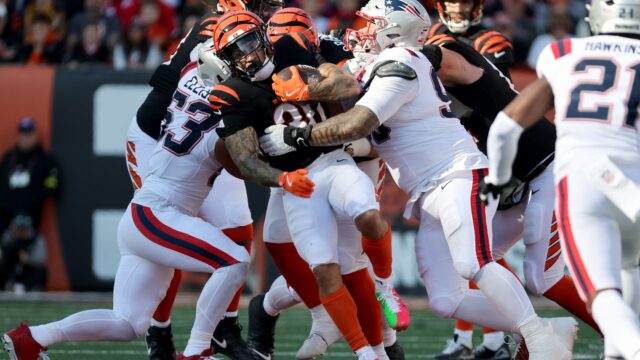 Cincinnati Bengals running back Chase Brown, New England Patriots linebacker Christian Elliss and defensive tackle Khyiris Tonga