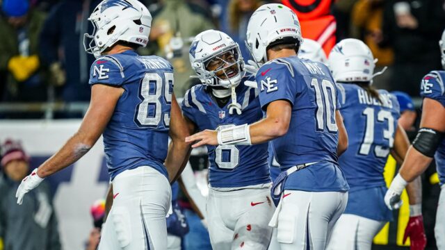 New England Patriots quarterback Drake Maye and wide receiver Stefon Diggs