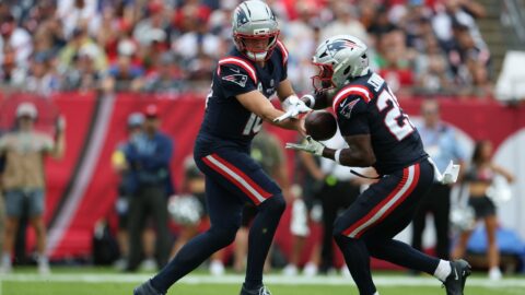 New England Patriots quarterback Drake Maye and running back Terrell Jennings