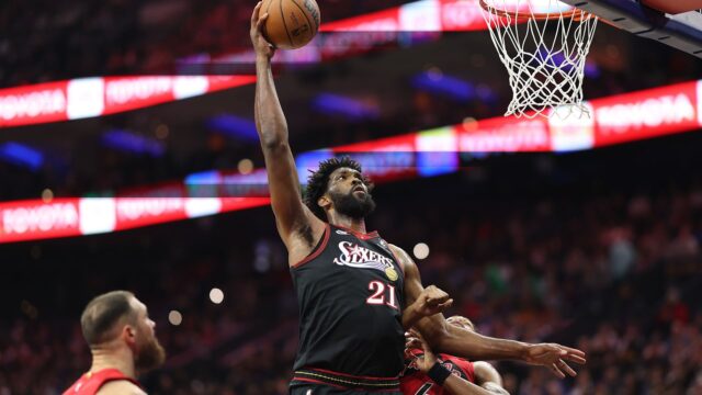 Philadelphia 76ers center Joel Embiid and Toronto Raptors forward Scottie Barnes