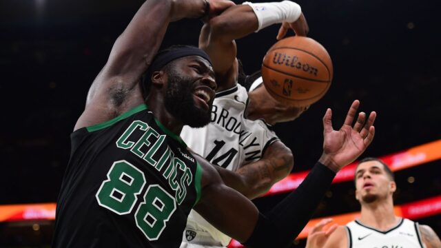 Boston Celtics center Neemias Queta and Brooklyn Nets guard Terance Mann