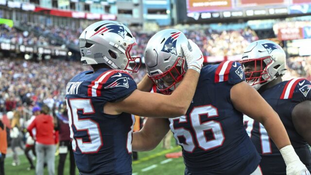 New England Patriots offensive tackle Will Campbell and tight end Hunter Henry