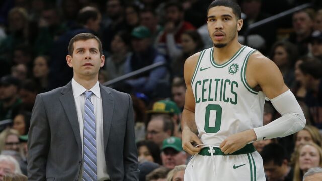 Boston Celtics' Brad Stevens and Jayson Tatum.