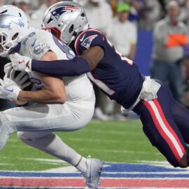 Buffalo Bills tight end Dalton Kincaid and New England Patriots safety Jaylinn Hawkins