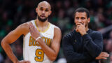 Boston Celtics guard Derrick White and head coach Joe Mazzulla