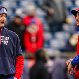 New England Patriots quarterback Drake Maye and Buffalo Bills quarterback Josh Allen