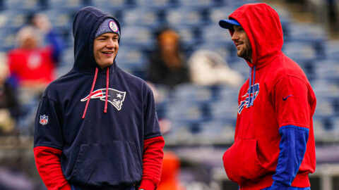 New England Patriots quarterback Drake Maye and Buffalo Bills quarterback Josh Allen