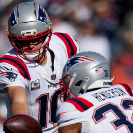 New England Patriots quarterback Drake Maye and running back TreVeyon Henderson