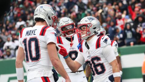 New England Patriots quarterback Drake Maye and wide receiver Efton Chism III