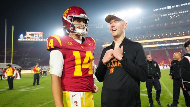 USC Trojans quarterback Jayden Maiava and head coach Lincoln Riley