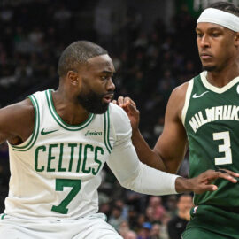 Boston Celtics forward Jaylen Brown and Milwaukee Bucks center Myles Turner