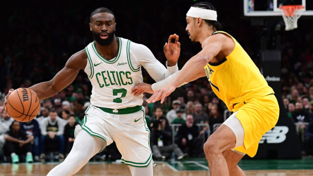Boston Celtics forward Jaylen Brown and Indiana Pacers guard Andrew Nembhard