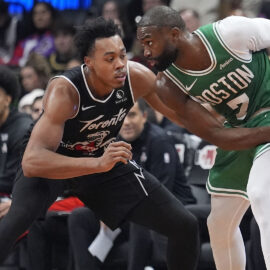 Boston Celtics forward Jaylen Brown and Toronto Raptors forward Scottie Barnes