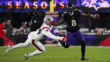 New England Patriots linebacker K'Lavon Chaisson and Baltimore Ravens quarterback Lamar Jackson