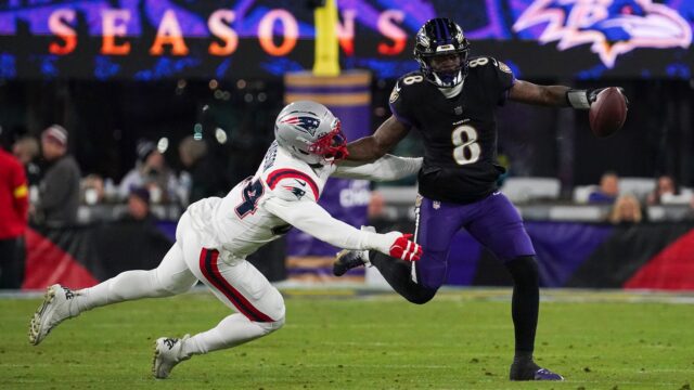 New England Patriots linebacker K'Lavon Chaisson and Baltimore Ravens quarterback Lamar Jackson