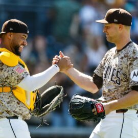 San Diego Padres starting pitcher Michael King and catcher Elias Diaz