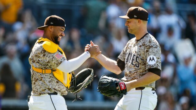 San Diego Padres starting pitcher Michael King and catcher Elias Diaz